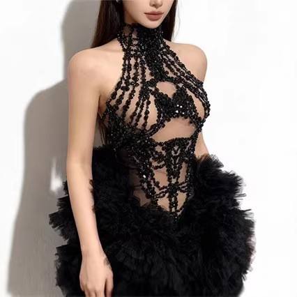 Sparkly Rhinestone Club Party Dress - Damen Mini-Kleid Funkelnde Strass-Netzstoff Durchsichtiges Ärmelloses
