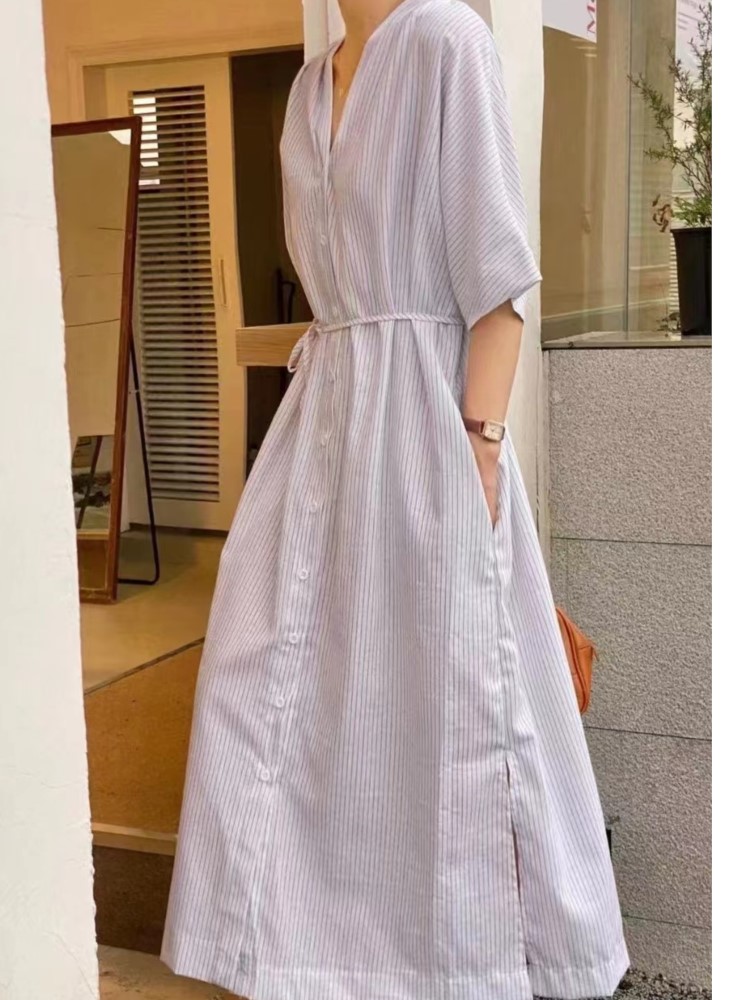 Casual Loose Linen Shirt Dress - Sommer Vintage Gestreiften Leinen Hemd Frauen