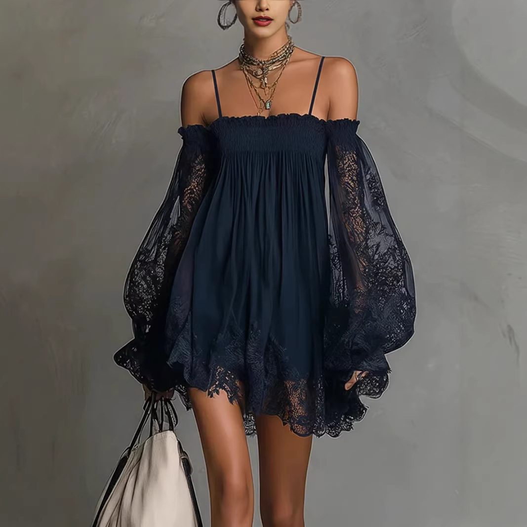 Off Shoulder Puff Sleeve Sundress - Schulterfreies Spitzen-Minikleid mit Spaghettiträgern und Transparenten