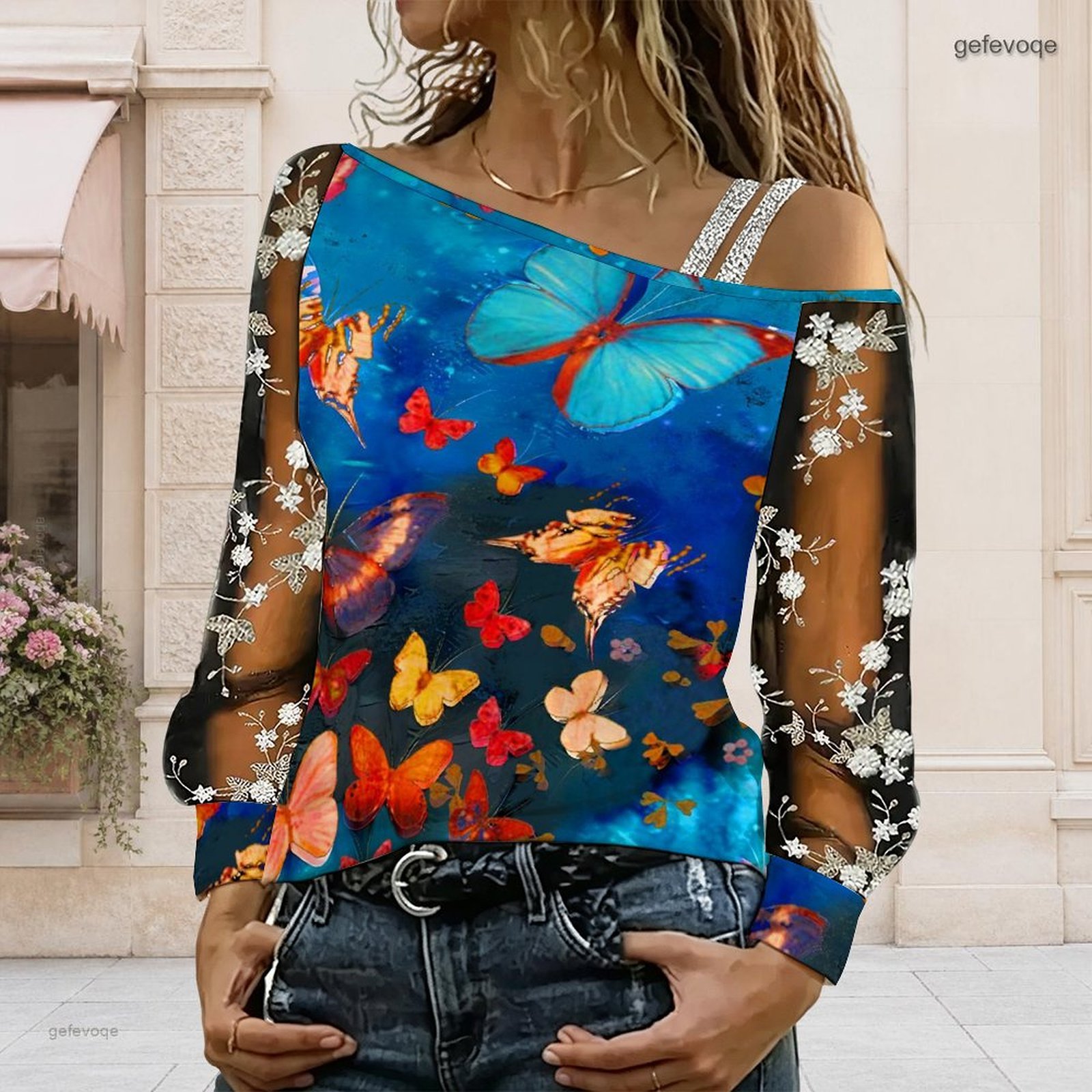 Blouses - Damen Off-Shoulder Bluse Asymmetrisches One-Shoulder-Top Spitze