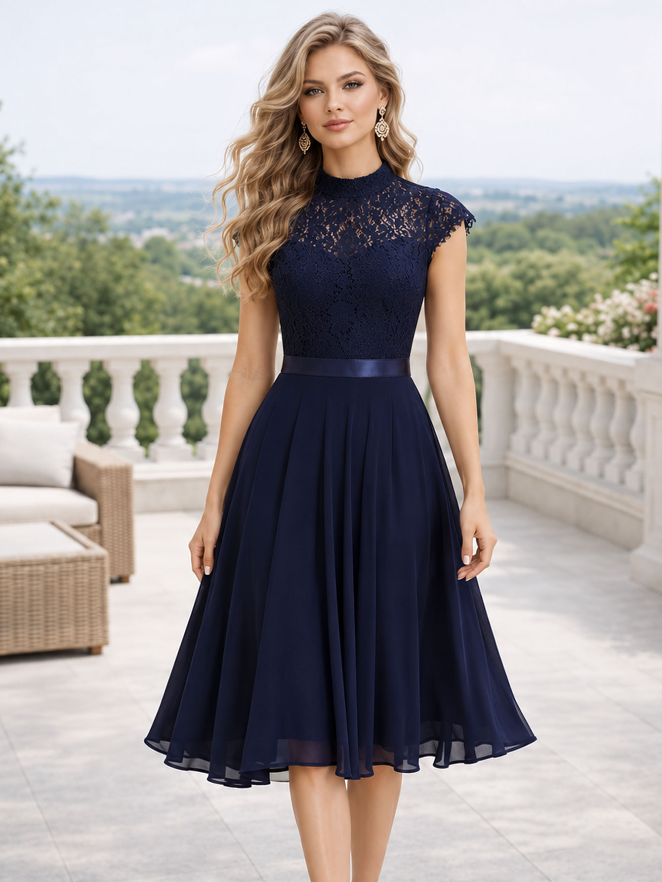 French Vintage Floral Midi Dress - Damen-Cocktailkleid mit Spitze, hohem Kragen, Flügelärmeln,