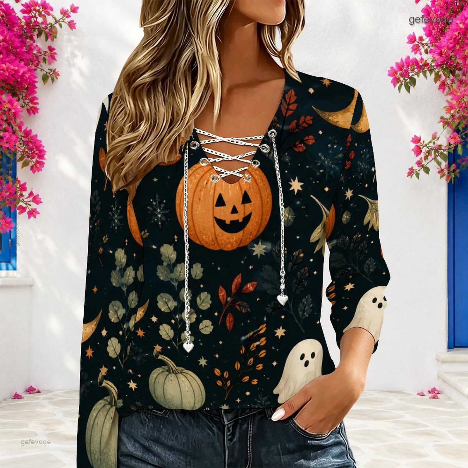 Damen V-Ausschnitt Langarm-Obe – Blouses Bewertung und Preis