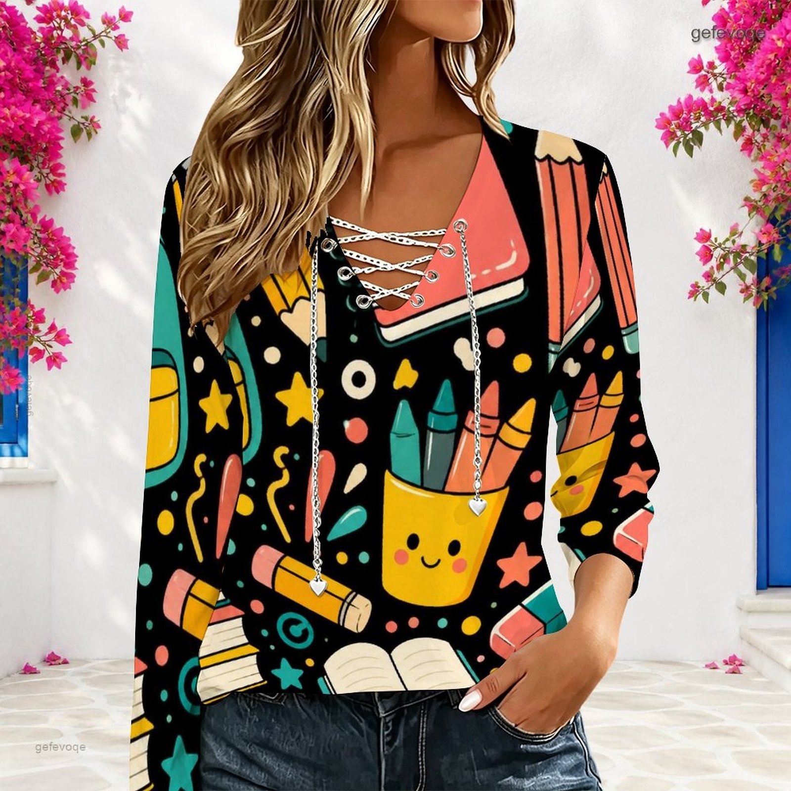 Damen V-Ausschnitt Langarm-Obe – Blouses Bewertung und Preis