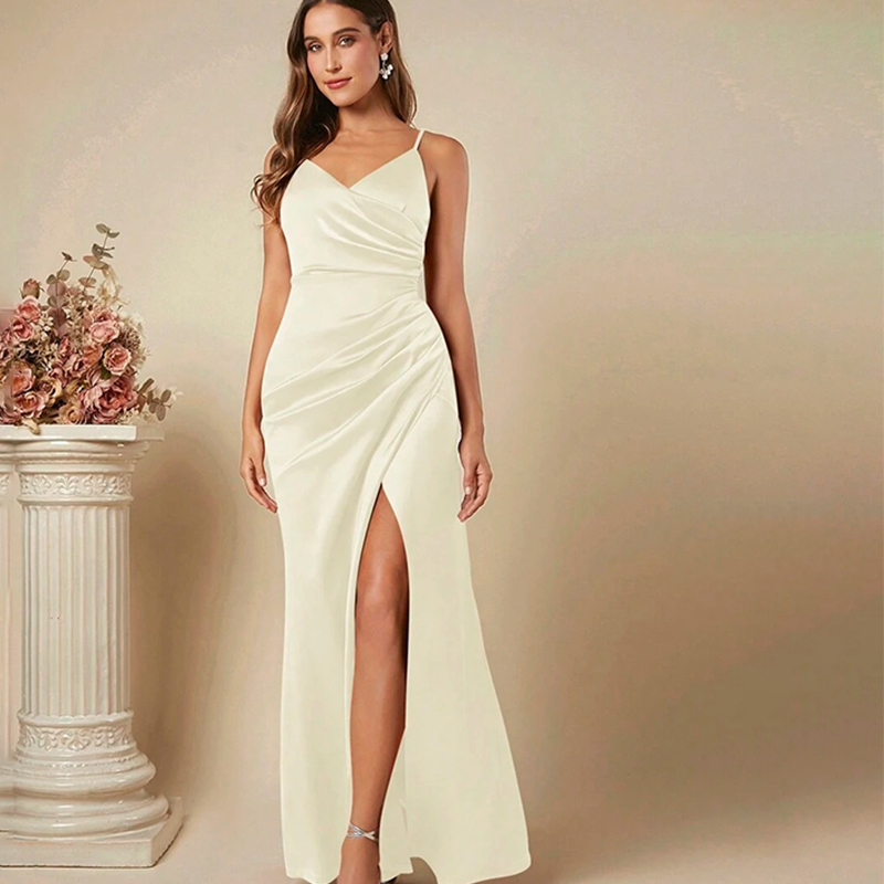 Frauen Elegante Satin Hosenträ – Elegant Satin Evening Gown Split Bewertung und Preis