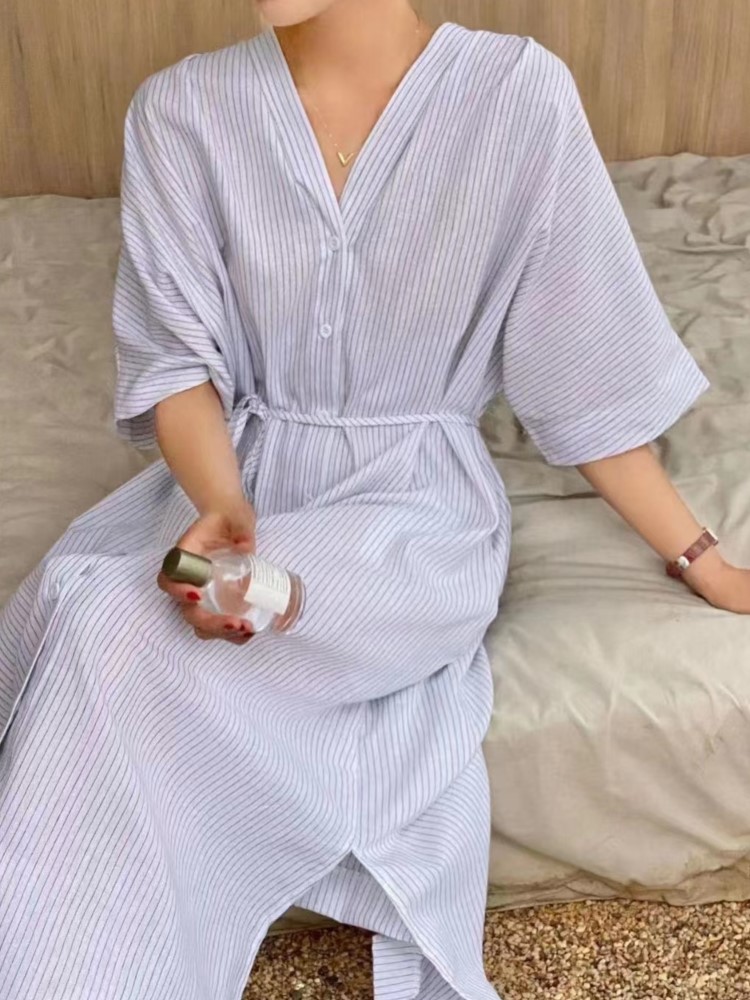 Sommer Vintage Gestreiften Lei – Casual Loose Linen Shirt Dress Bewertung und Preis