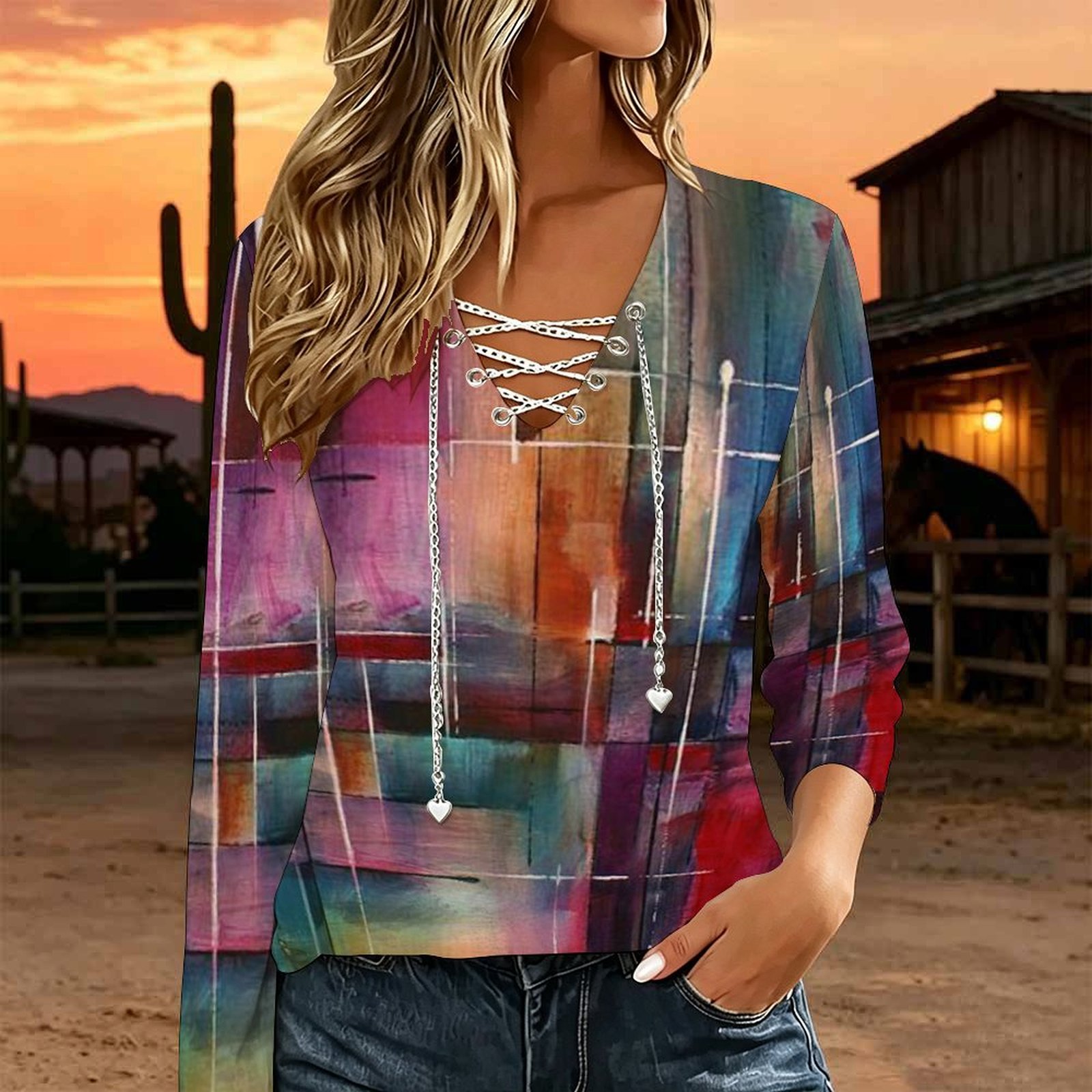 Damen V-Ausschnitt Langarm-Obe – Blouses Bewertung und Preis