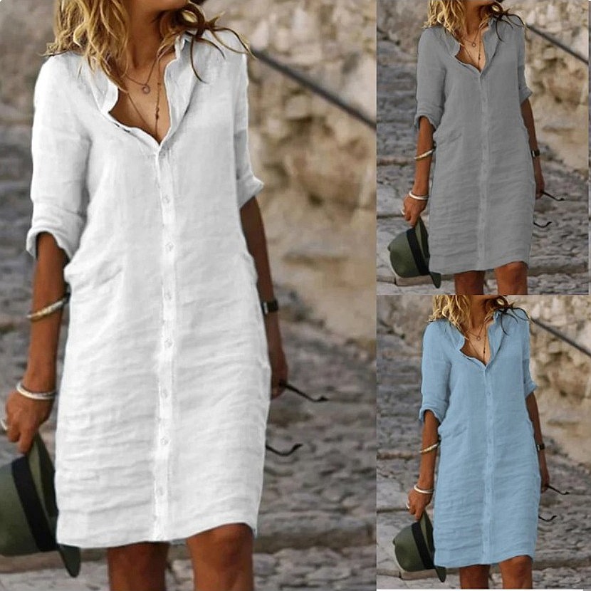 Locker geschnittenes Midi-Hemd – Casual Loose Linen Shirt Dress Bewertung und Preis