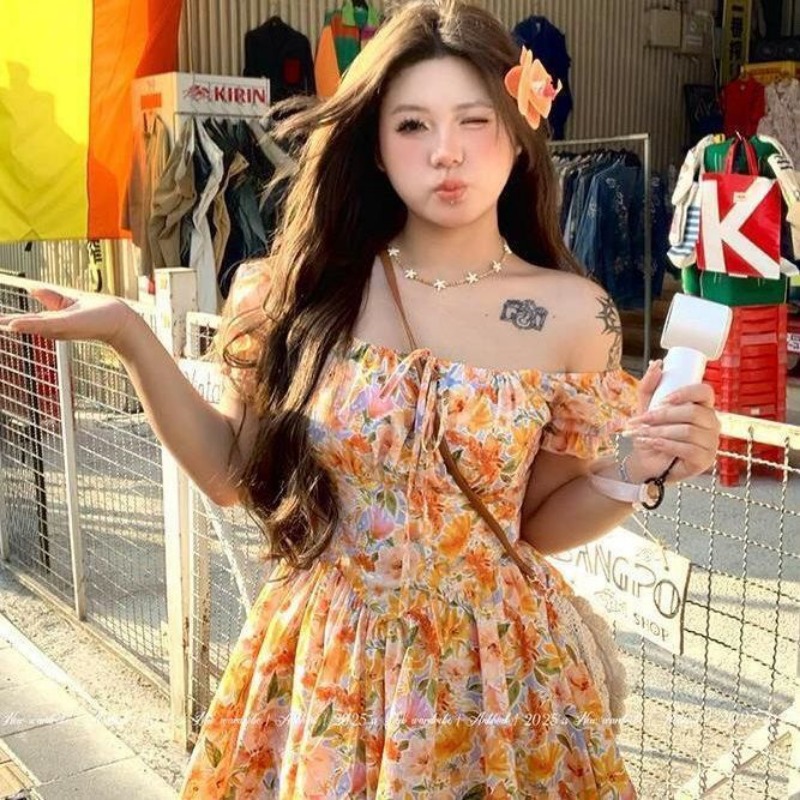 2026 Neues Orangefarbenes Blum – Off Shoulder Puff Sleeve Sundress Bewertung und Preis